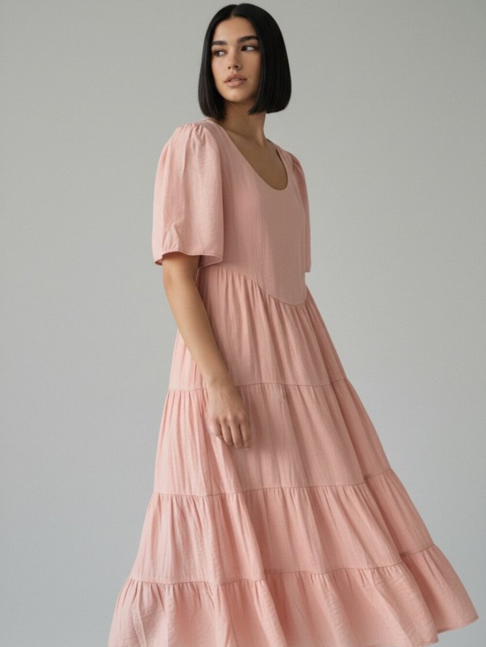 ROOLEE Pink Tiered Midi Dress S Pockets Short Sleeve Fairy Academia Minimalist